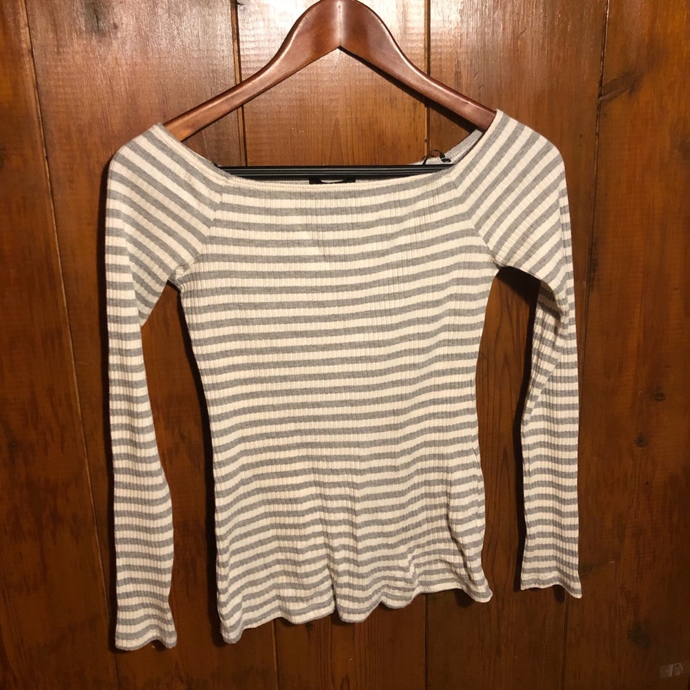 Gray and Cream Striped Off The Shoulder Top